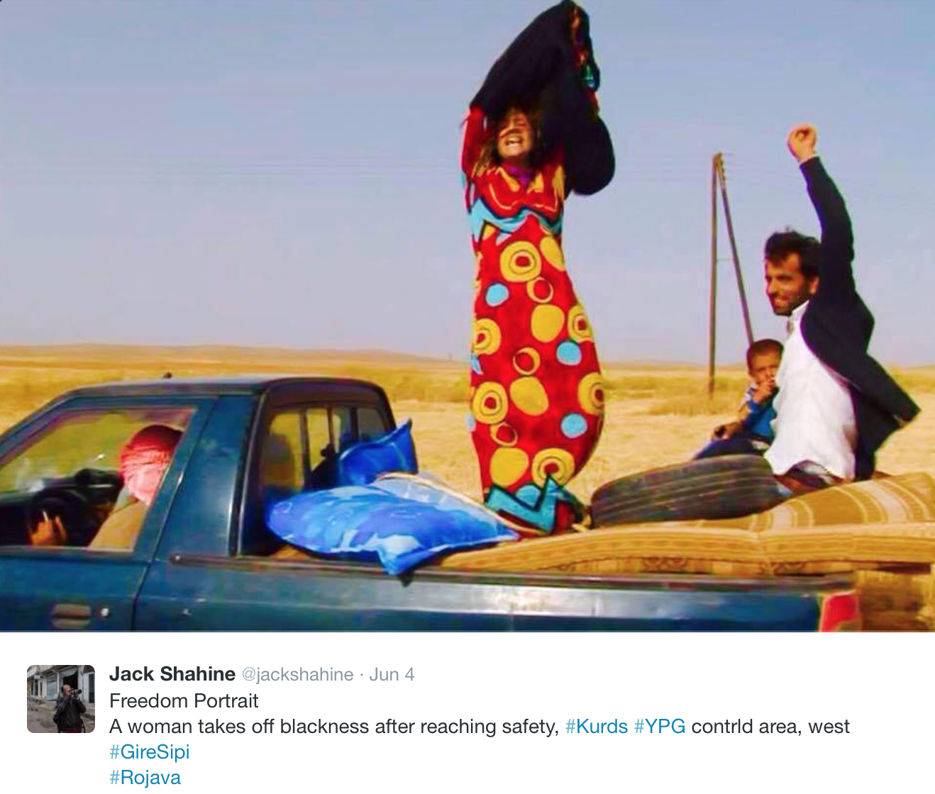 Jack Shahine has coined the term "Freedom Portrait: for women who leave ISIS-controlled territory and tear off the imposition of conservative black coverings. (via @jackshahine)