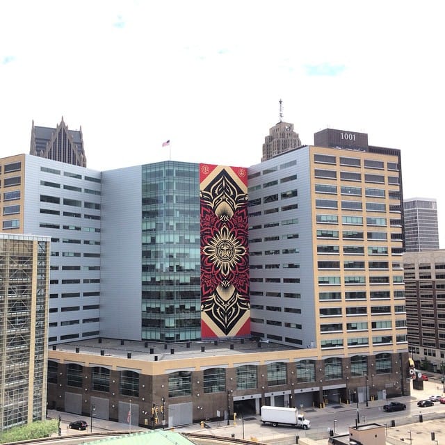 Shepard Fairey's sanctioned, 18-story mural in downtown Detroit. (photo by obeygiant/Instagram)