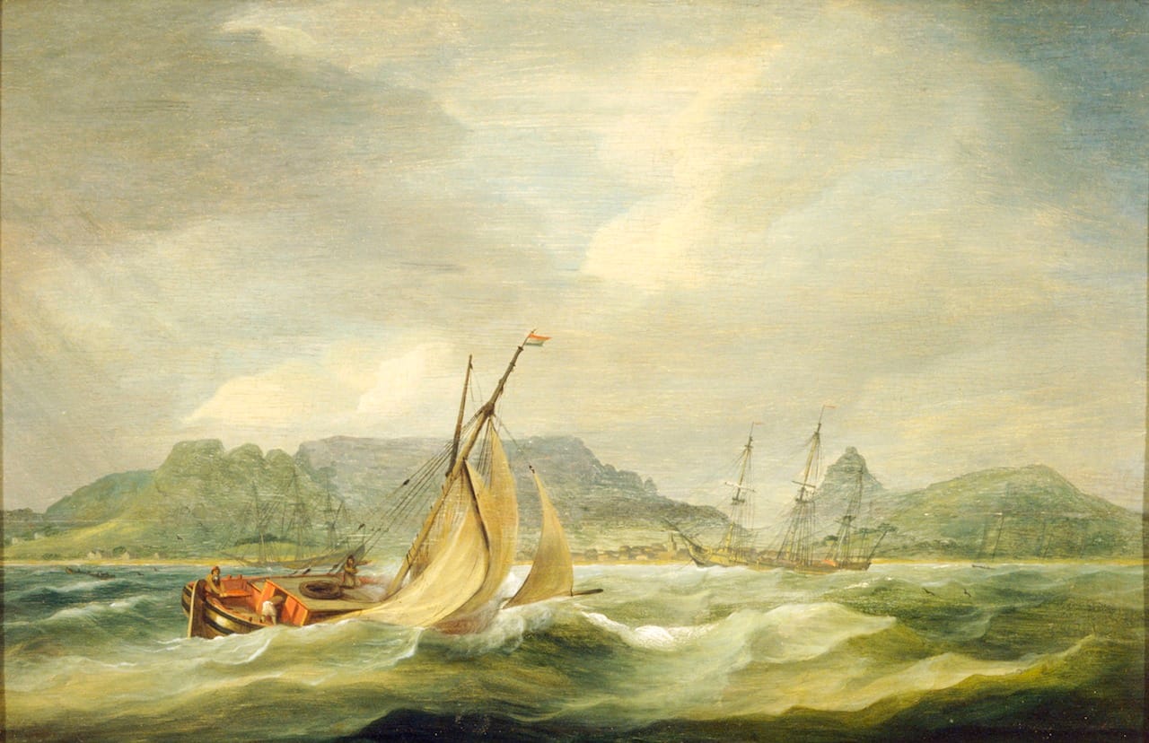 Thomas Luny, "Table Bay Cape Town" (1790s), oil on panel, showing the port of Cape Town, South Africa, where the slave ship planned to stop en route to Brazil (photo by Pam Warne/Image courtesy Iziko Museums)