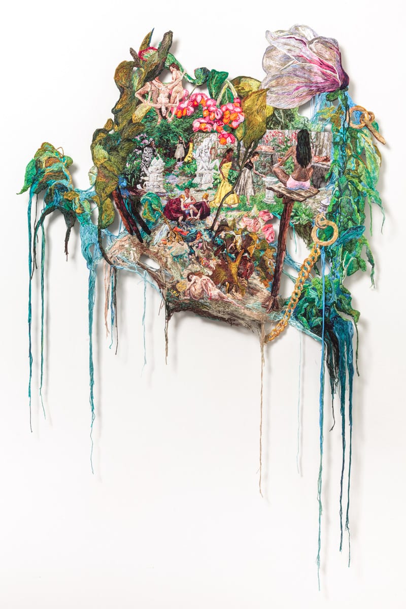 Sophia Narrett, "Stars Align" (2014), embroidery thread and fabric, 53 x 33 in (photo courtesy Arts+Leisure) (click to enlarge)