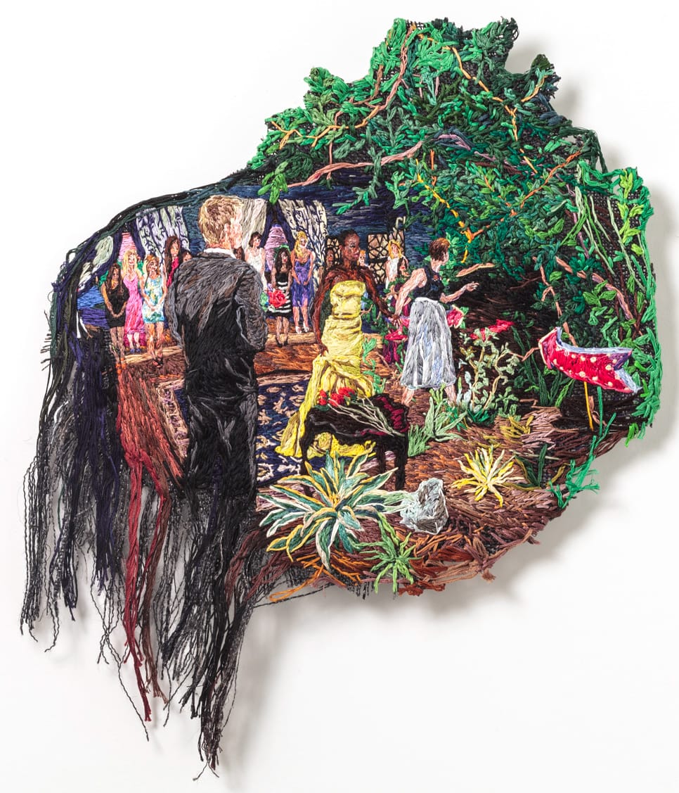Sophia Narrett, "The Rose Ceremony" (2014), embroidery thread and fabric, 19 x 16 in (image courtesy Arts+Leisure)