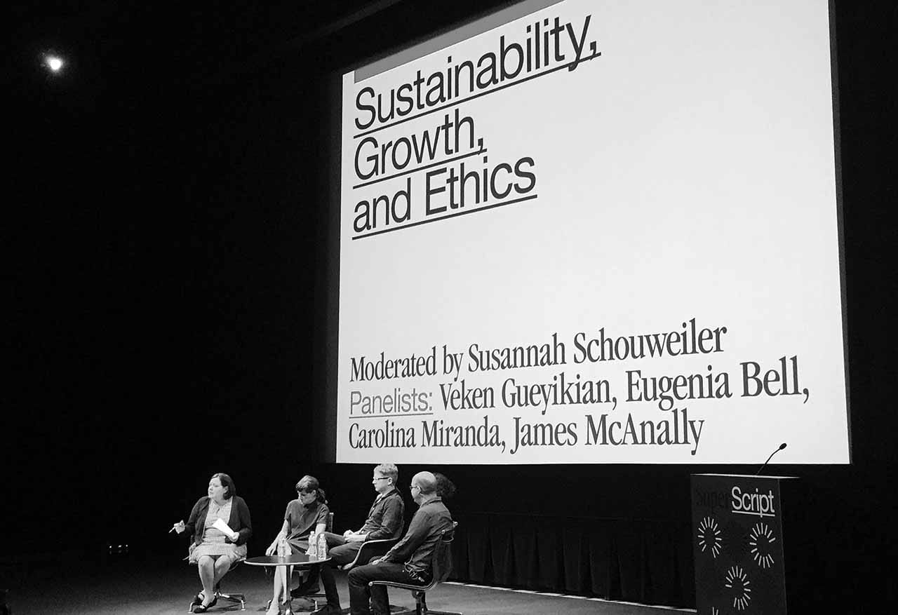 Conference co-organizer Susannah Schouweiler moderates a discussion during the "Sustainability, Growth, and Ethics" panel at Superscript. (photo by the author for Hyperallergic)