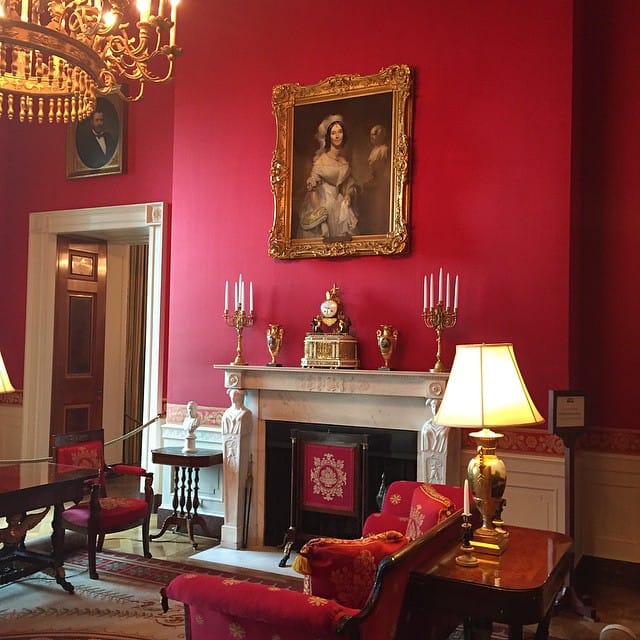 A 1842 painting by Henry Inman of Martin Van Buren's daughter-in-law, Angelica Singleton Van Buren, hangs in the red room (photo via @perryhewitt/Instagram)