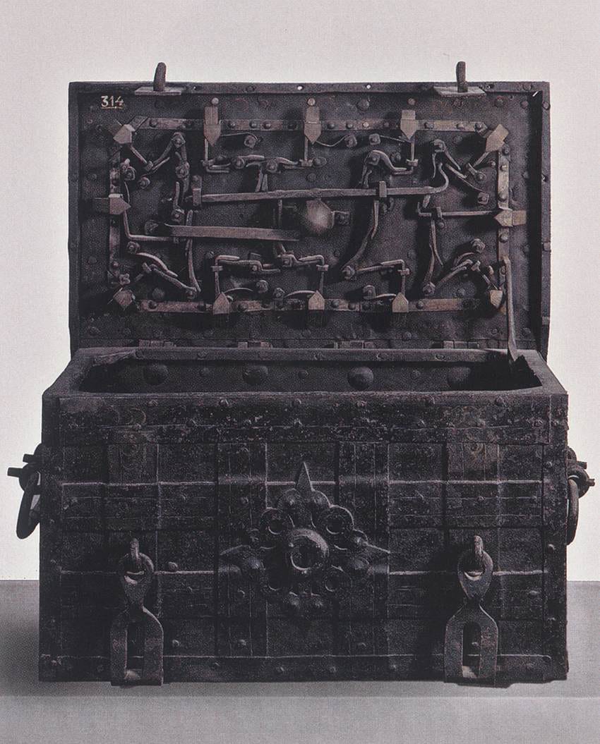 Unknown Italian Goldsmith, "Money Coffer" (16th century). Iron, wood; 44 x 87 x 40 cm. Museo Nazionale di Villa Guinigi, Lucca. (Image via Web Gallery of Art)