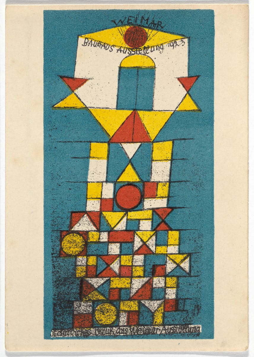 Paul Klee, "Bauhaus Ausstellung Weimar Juli–Sept, 1923, Karte 4" (1923), lithograph, 5 7/8 × 3 15/16 inches