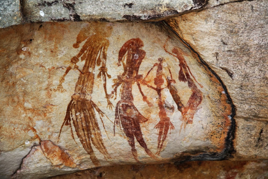 The Bradshaw rock paintings in the Kimberley region of Western Australia (via TimJN1 on Wikipedia Commons)