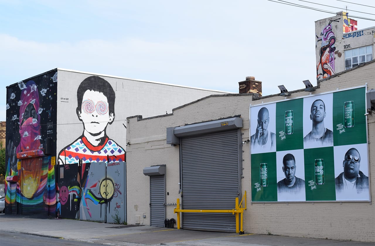 A Sprite billboard on Wyckoff Avenue amid the Bushwick Collective murals.