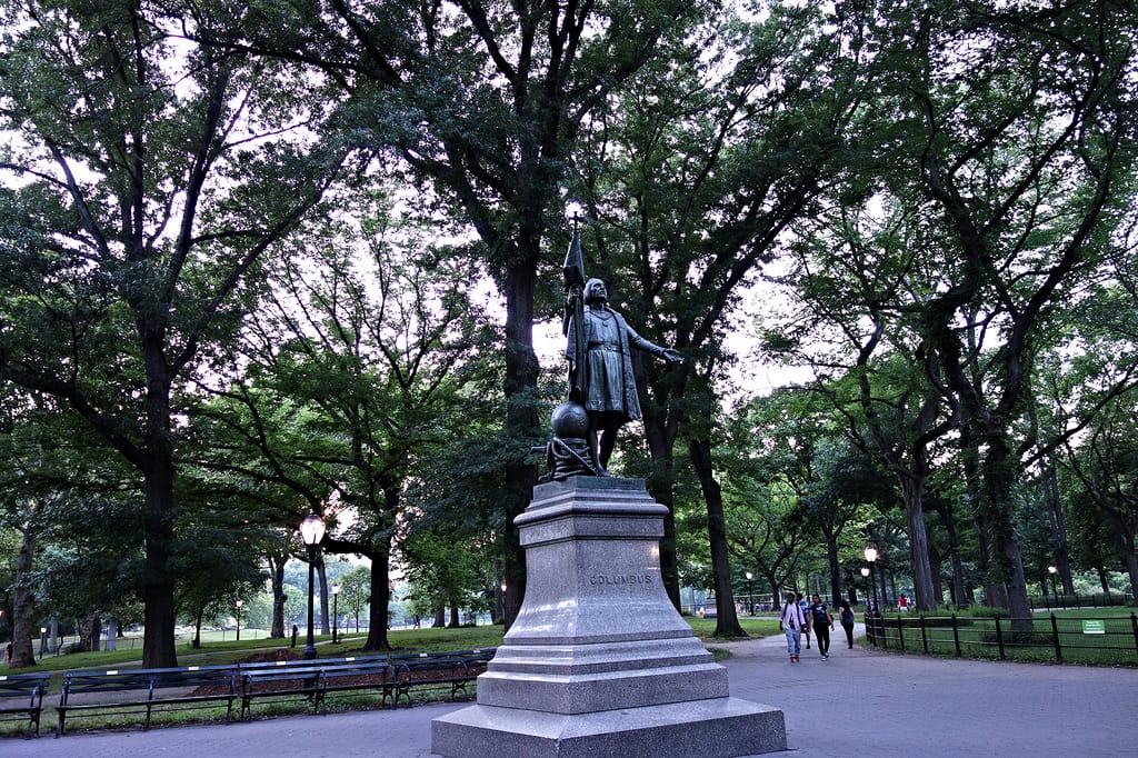 Statue of Columbus in Central Park (all photos by the author for Hyperallergic)