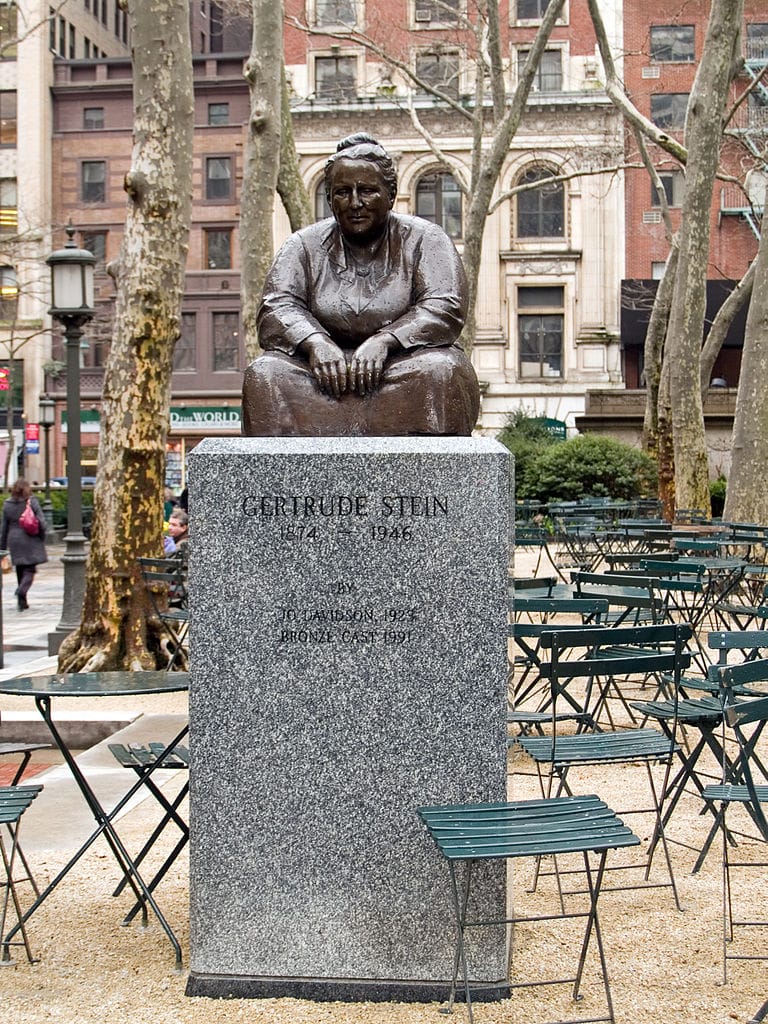 Statue of Gertrude Stein in Bryant Park (photo by Arnoldius, via Wikimedia)