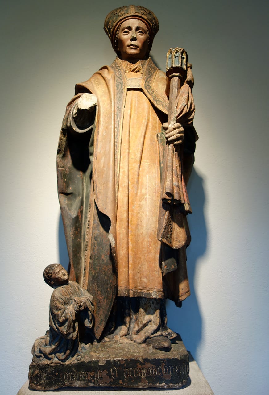 Saint Germain and a Donor (French, Burgundy, near Auxerre, late 15th century), limestone, paint, with the saint wearing two rings on his left hand