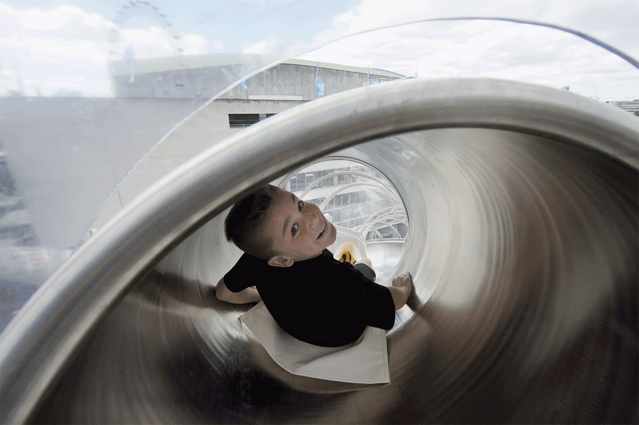 Carsten Höller, "Isomeric Slides" (2015), installation view in 'Carsten Höller: Decision,' Hayward Gallery, London, 2015  (art © Carsten Höller, image courtesy the artist and LUMA Foundation, photo © Linda Nylind)