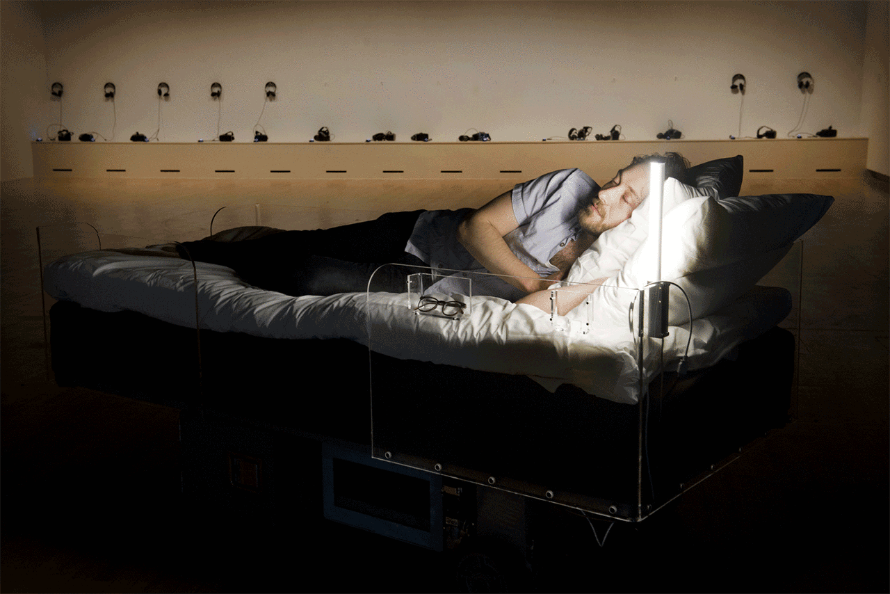 Carsten Höller, "Two Roaming Beds (Grey)" (2015), installation view in 'Carsten Höller: Decision,' Hayward Gallery, London, 2015  (art © Carsten Höller, image courtesy the artist, photo © Linda Nylind)