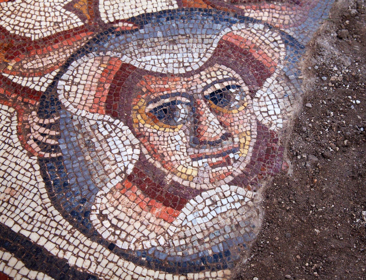 Theater mask in the Huqoq synagogue mosaic.
