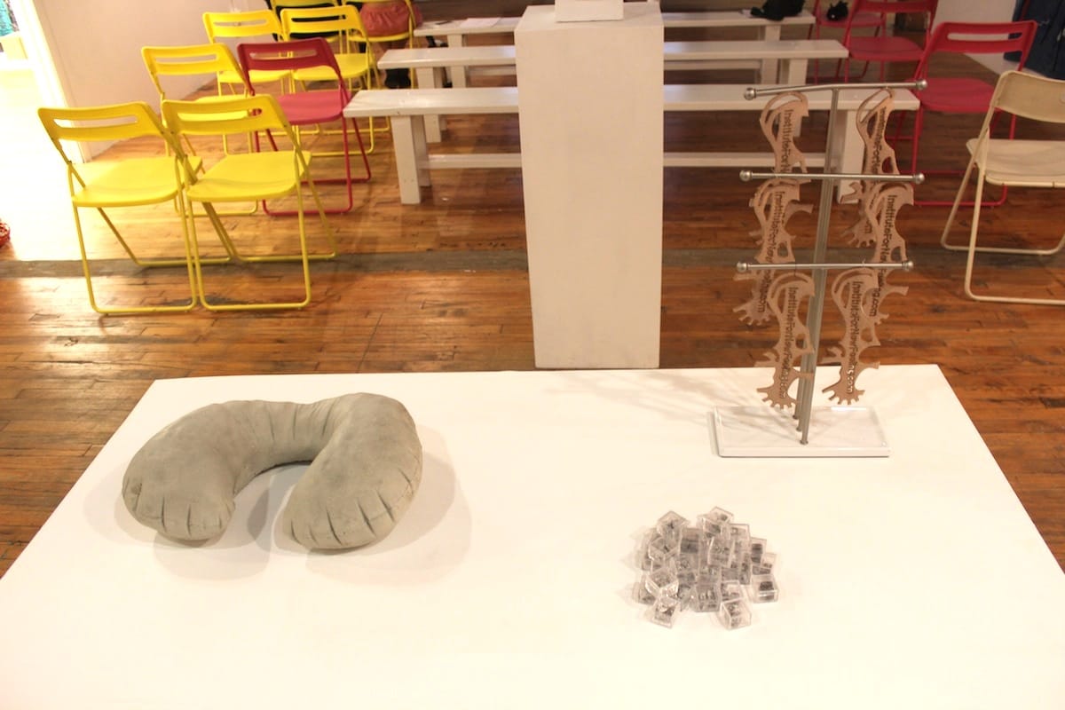 “Cement Neck Pillow,” “Edible Ear-Plugs,” and “Pressure Point Insole” from the Institute For New Feeling product line