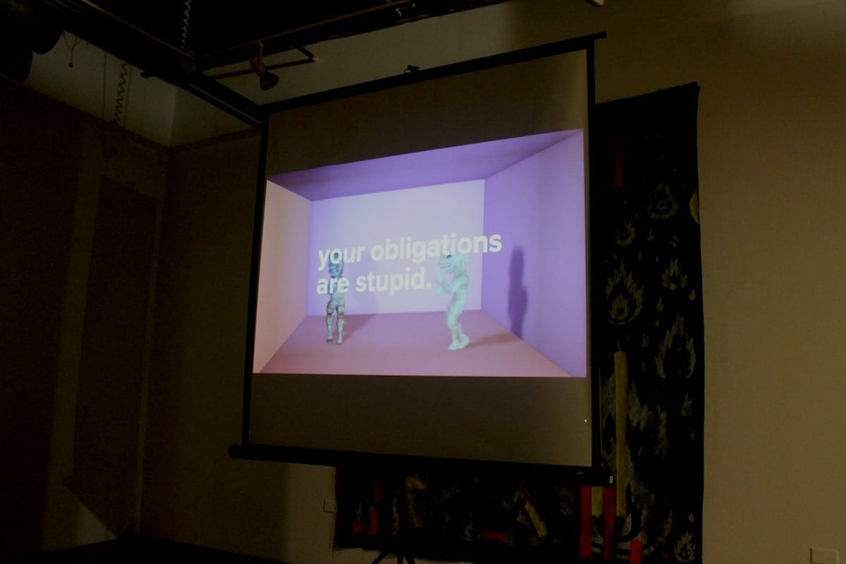 Still from Jeremy Couillard’s “Remedy for the Daily Grind,” part of the Institute for New Feeling at Threewalls (all photos by the author for Hyperallergic) 