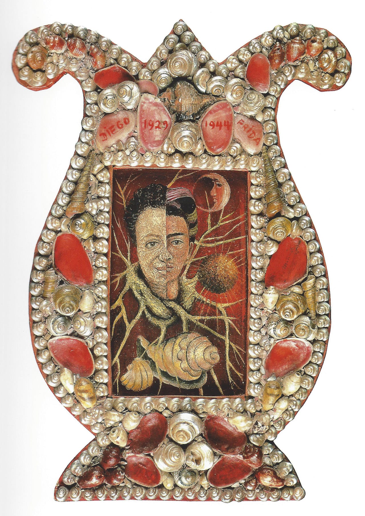 Frida Kahlo, "Diego and Frida 1929-1944 (I)" or "Double Portrait of Diego and I" (1944), oil on Masonite with shell frame (private collection, courtesy of Galeria Arvil, Mexico © 2014 Banco de México Diego Rivera Frida Kahlo Museums Trust, Mexico, D.F. / Artists Rights Society (ARS), New York)