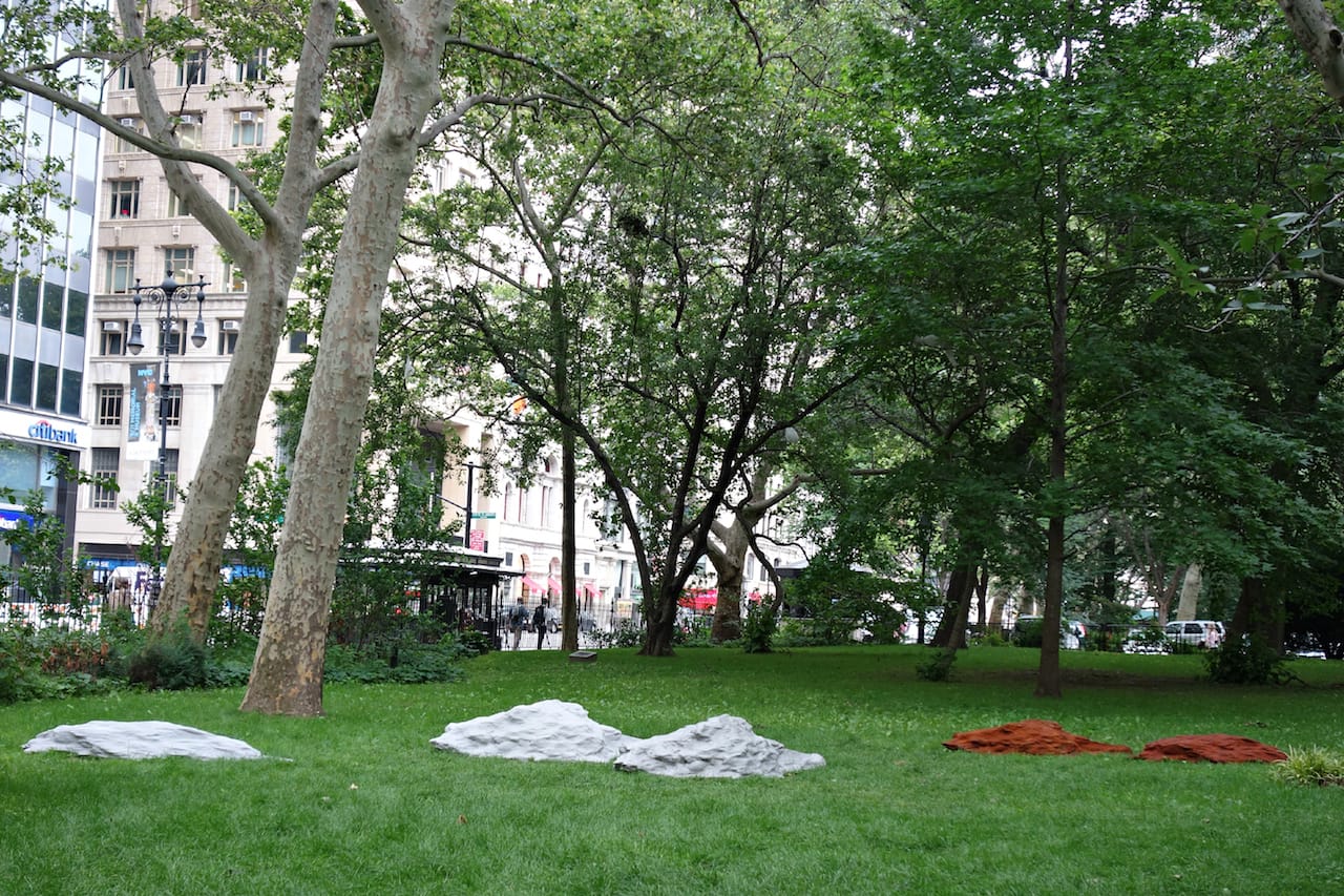 Alice Channer, "R O C K F A L L" (2015), aluminum, concrete, and Cor-Ten steel