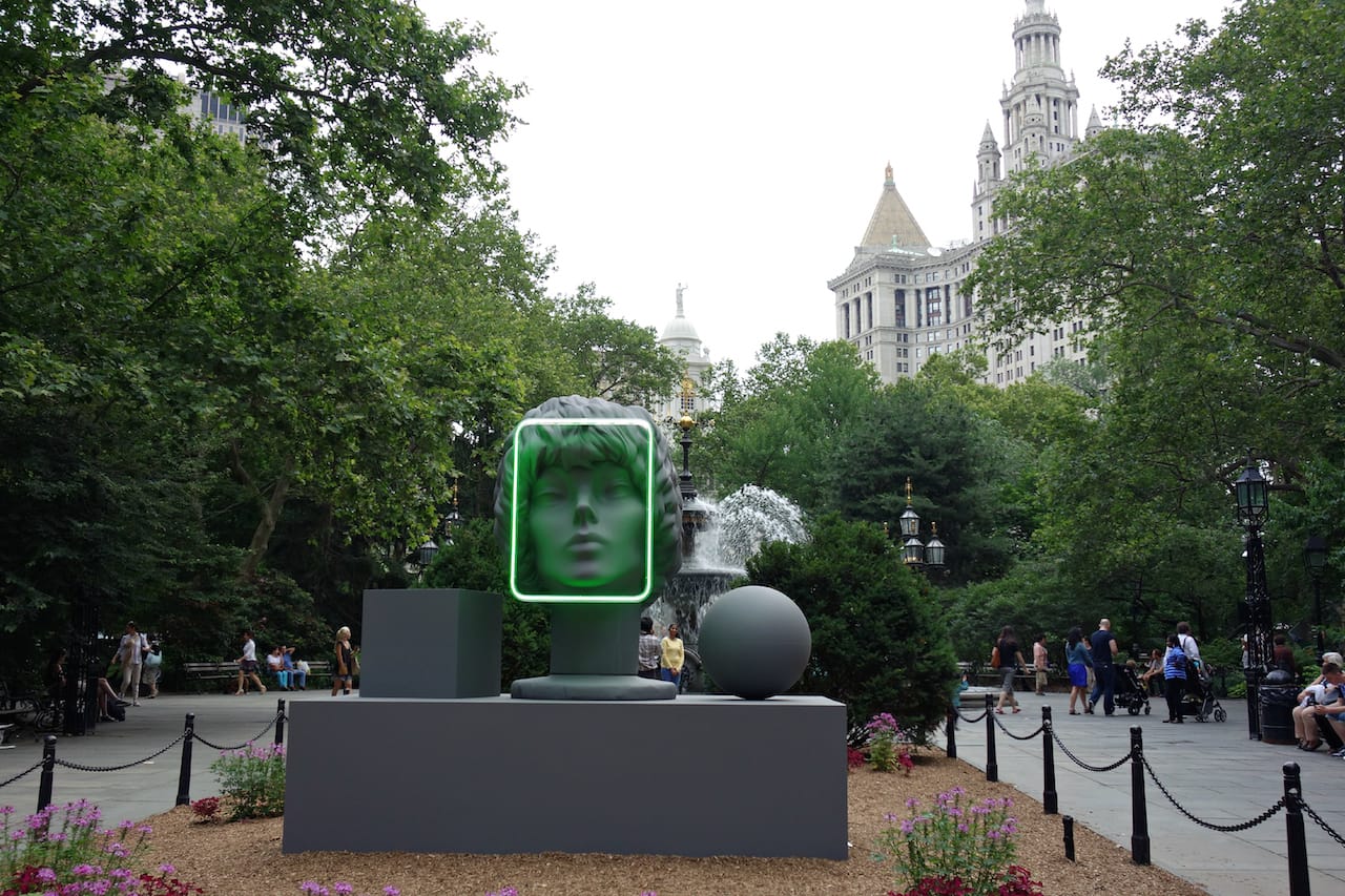 Amanda Ross-Ho, "The Character and Shape of Illuminated Things (Facial Recognition)" (2015), fiberglass, neon, aluminum, and steel