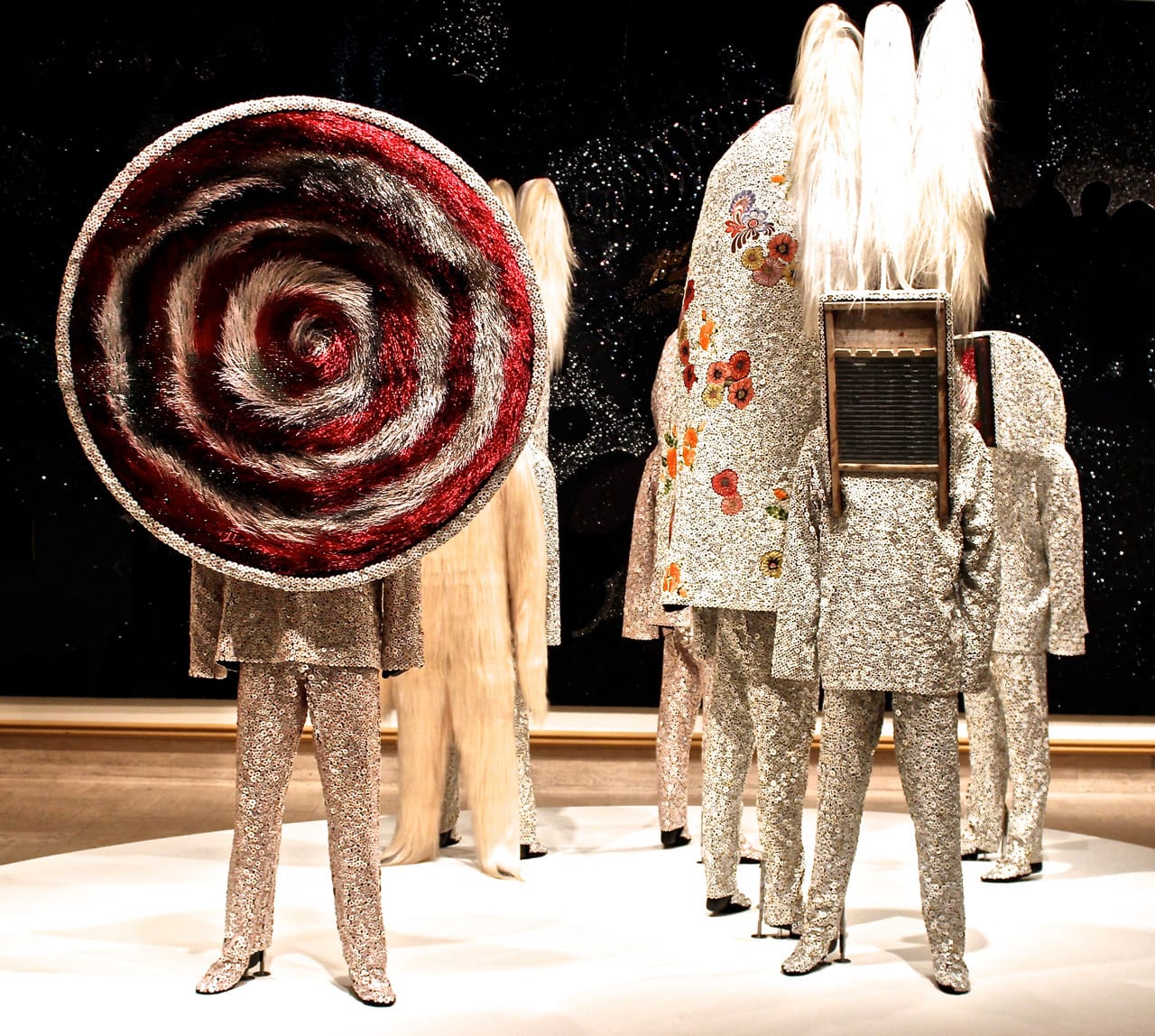 Soundsuits from the exhibition at the Cranbrook Art Museum, including the costume chest that holds the pieces used by dancers for performances throughout the project.