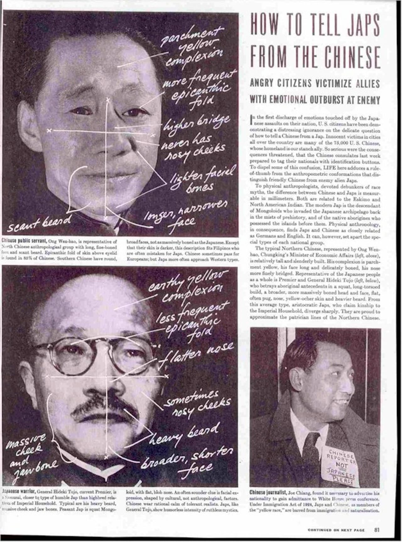 The infamous 1941 article, "How to Tell Japs from the Chinese," an attempt at regulating racial boundaries through visual codes.