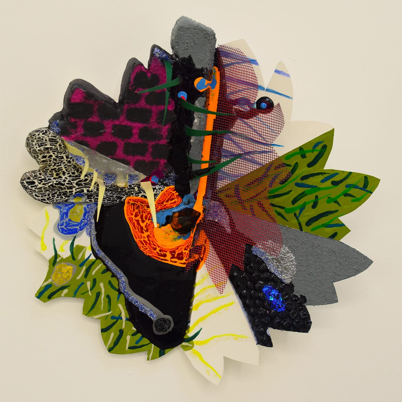 Nicole Awai, "TK Asphalt" (2015). acrylic paint, graphite, nail polish, bubble wrap, construction foam, polyester mesh, resin, and flocking on synthetic paper