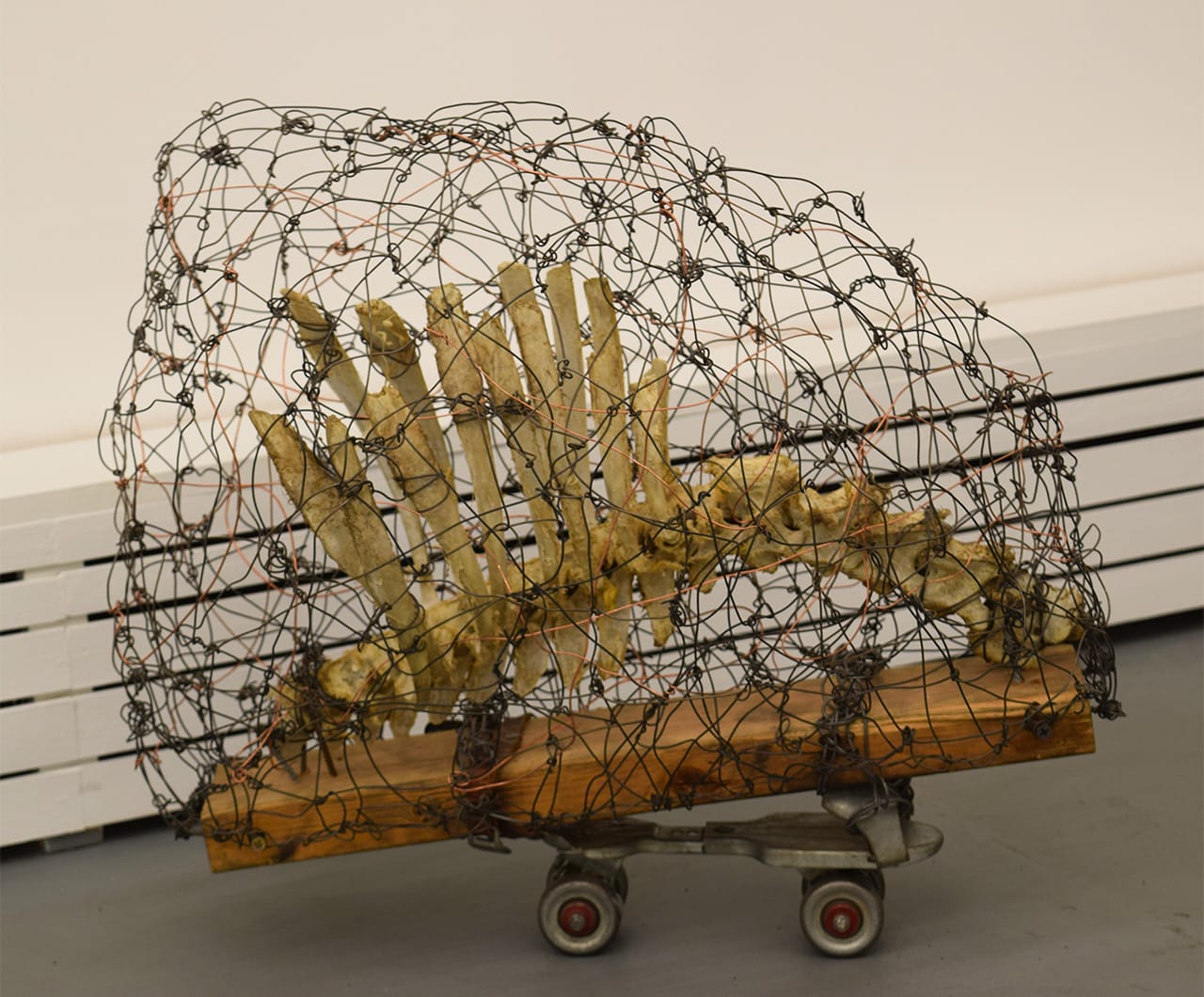 Arthur Simms, "Skunk" (2011), roller skate, wire, bone, wood, screws