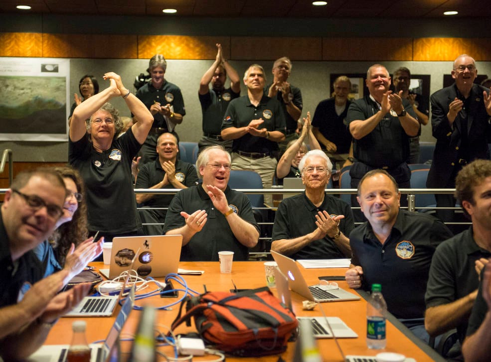 New Horizons team cheering for newest Pluot image at the Johns Hopkins University Applied Physics Laboratory in Laurel, Maryland (courtesy NASA/Bill Ingalls)