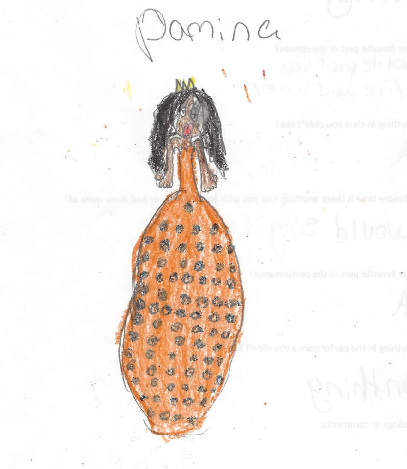 A drawing of 'Magic Flute' character Pamina by one of the kid participants in Opera on Tap (image courtesy Opera on Tap) (click to enlarge)