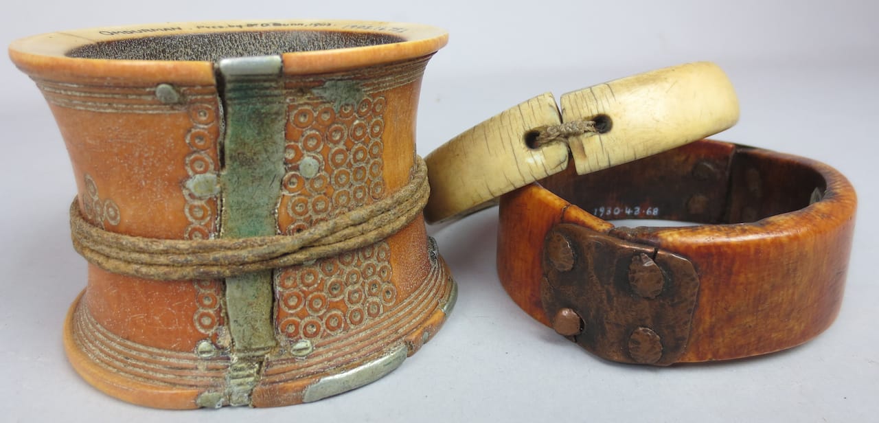Three arm ornaments from Africa demonstrating different repair methods. (1930, 1939, & 1903) (courtesy Pitt Rivers Museum, University of Oxford)