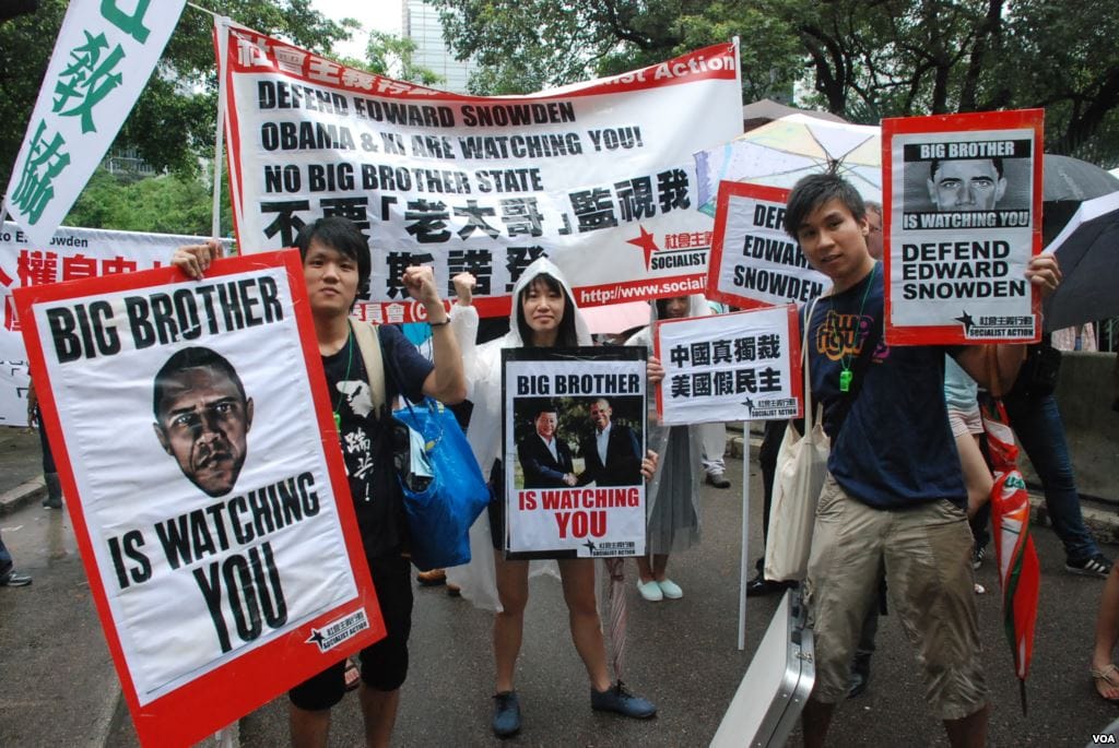 Pro-Snowden, anti-surveillance demonstrators at a 2013 rally in Honk Kong. (photo by VOA, via Wikimedia)