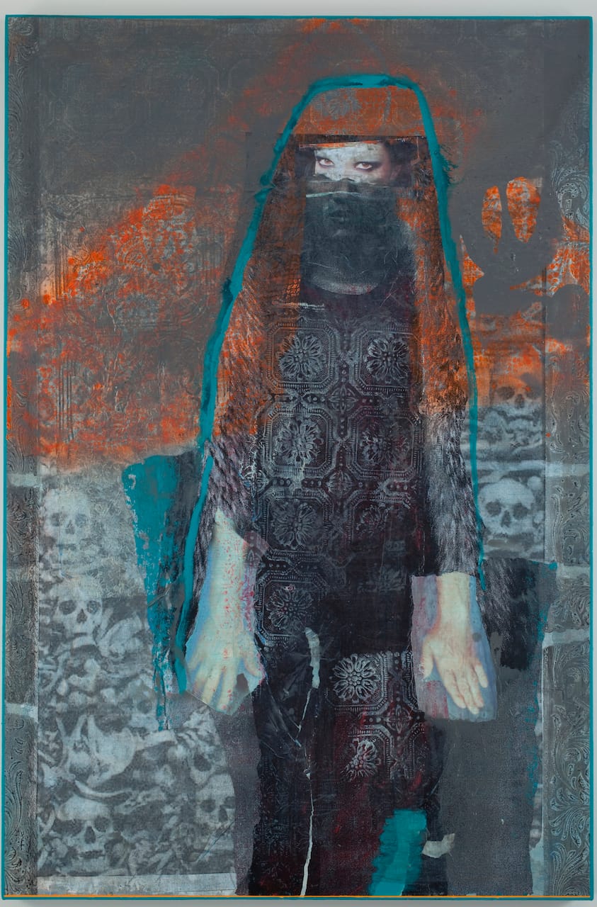 Rodríguez Calero, "Soñador entre mundos" (2012), acrollage painting, 54 x 36 inches