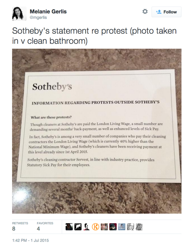 Sotheby's statement in response to the protest (Screenshot via @mgerlis/Twitter)