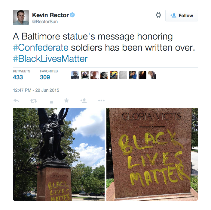 Vandals covered a statue in Baltimore with yellow paint (screenshot via @RectorSun/Twitter)