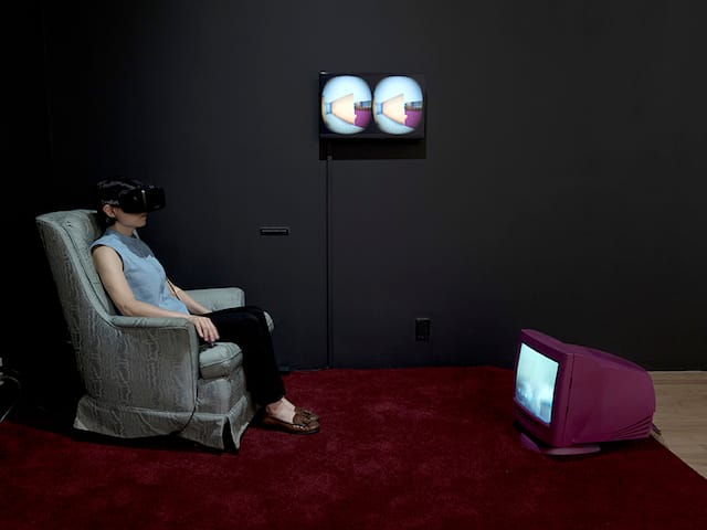Sarah Rothberg, "Memory/Place: My House" (2014-2015). Virtual reality environment, Oculus Rift headset, swivel chair, CRT television monitor.