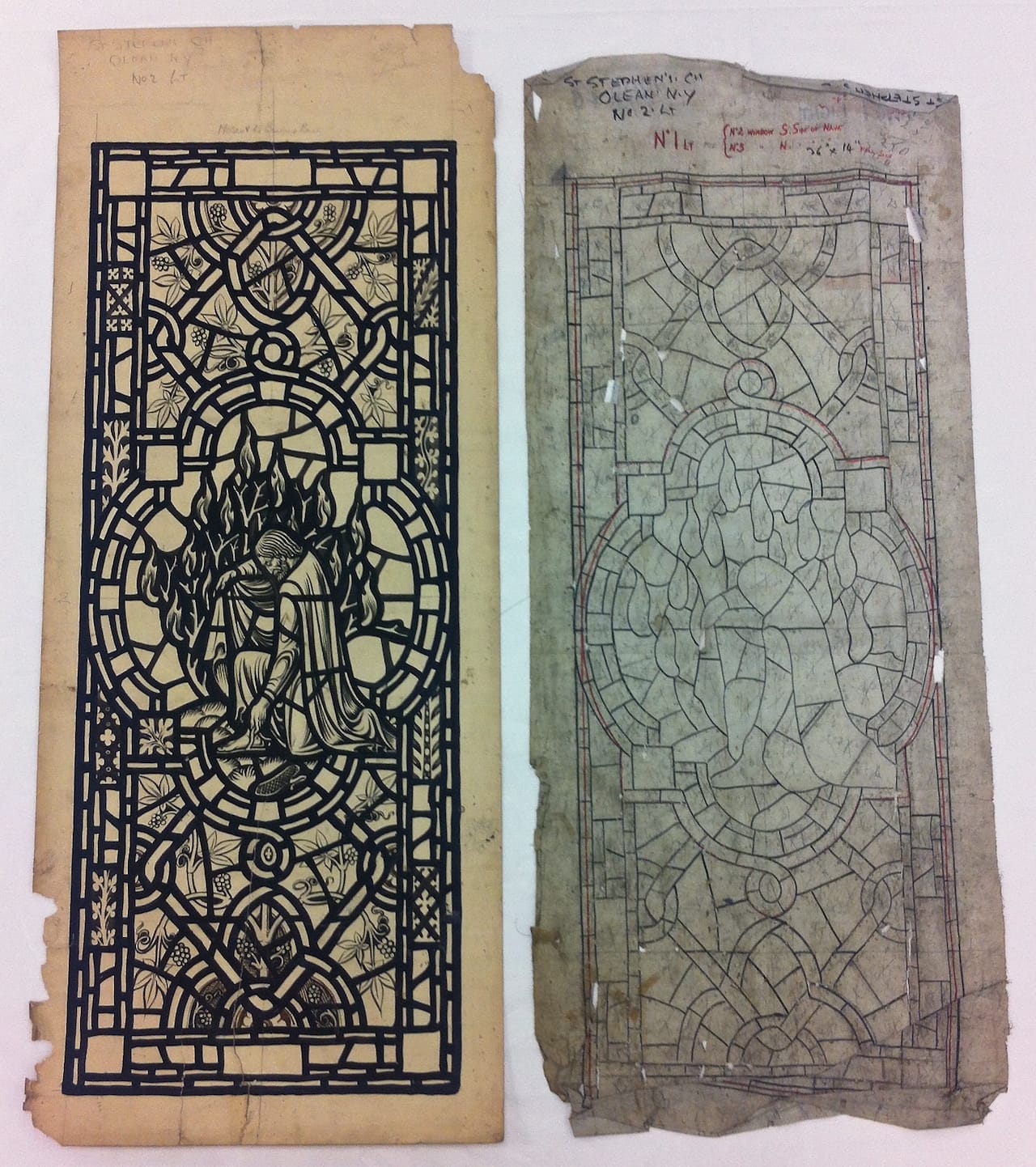 Cartoon of a stained glass window from St. Stephen's Church in Olean, NY (left) and its tracing (right) (all photos courtesy Corning Museum)