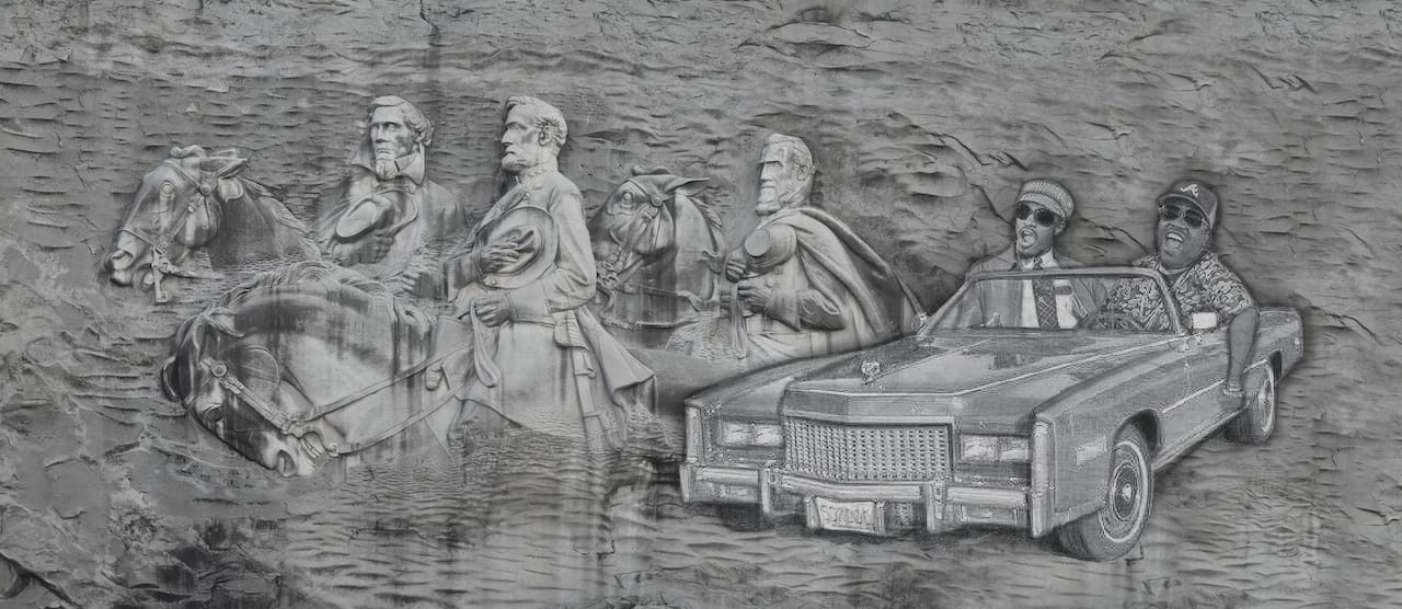 A rendering of the updated Stone Mountain Confederate Memorial Carving, with Outkast's Big Boi and Andre 3000 at right (image courtesy Mack Williams)