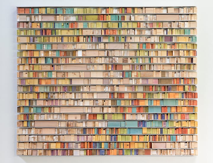 Laurie Frick, "Daily Time Slices Aug 25" (2014), laser etched wood blocks, pigment and aluminum on alumalite, 40 x 48 x 2 inches; 21 days of 24 hour time-tracking 