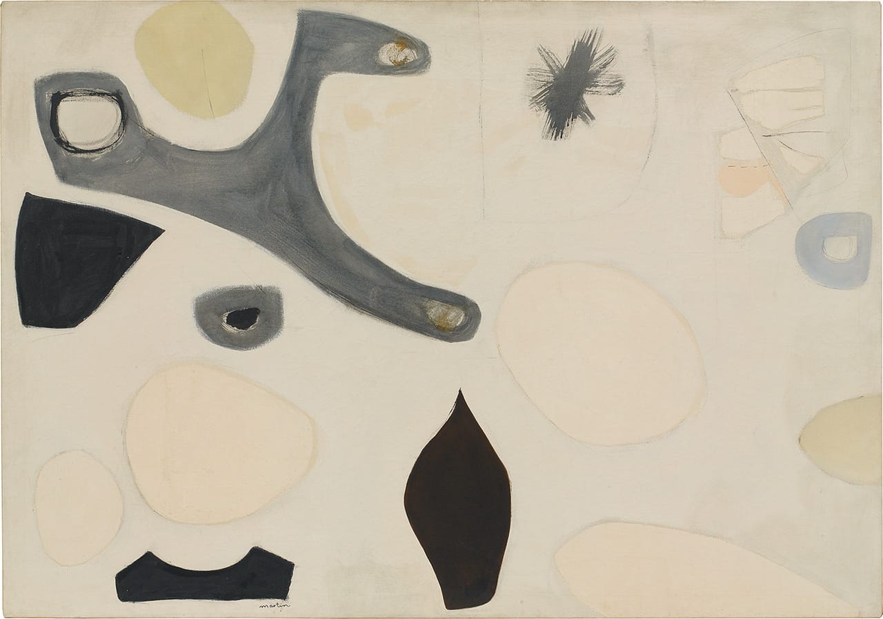 Agnes Martin, Untitled (1955), oil paint on canvas, 118.1 x 168.3 inches (photo courtesy of Pace Gallery; private collection, Houston; © 2015 Agnes Martin/Artists Rights Society (ARS), New York)