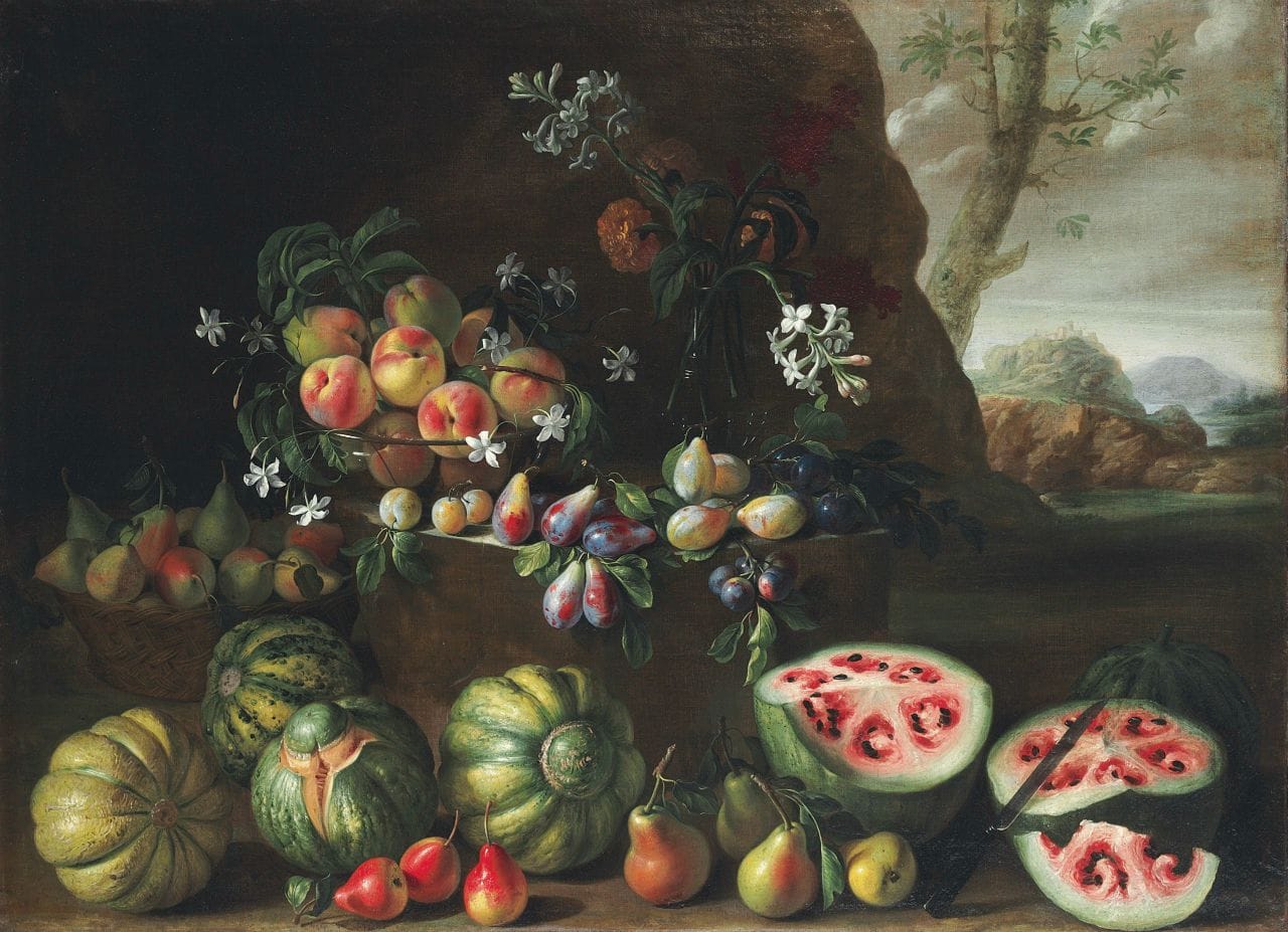 Giovanni Stanchi, "Watermelons, peaches, pears and other fruit in a landscape" (1645-72), oil on canvas (courtesy Christie's)