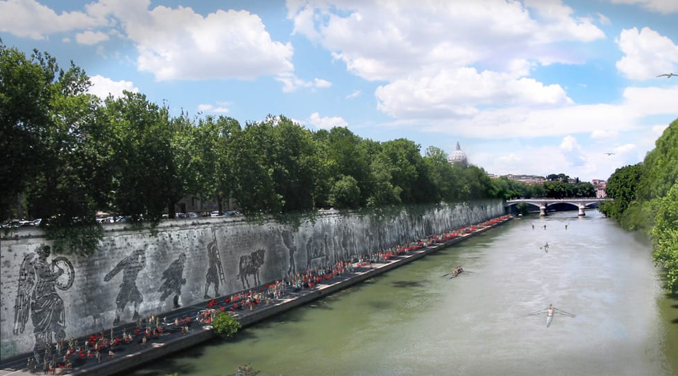 William Kentridge, Triumphs and Laments (proposal), Piazza Tevere, Rome. Rendering: Andrea Biagioni, Pippo Marino (2014)