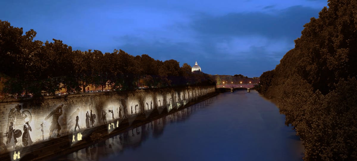 William Kentridge, Triumphs and Laments (proposal), Piazza Tevere, Rome. Rendering: Andrea Biagioni, Pippo Marino (2014)
