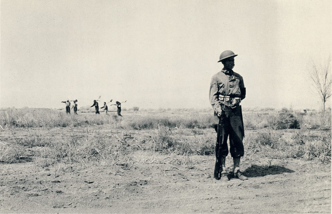 Clem Albers, "Manzanar, CA April 2, 1942" (1942). Incarcerees on their way to clear land of brush to build the country’s first concentration camp (photographed by Clem Albers, WRA, courtesy the National Archives)