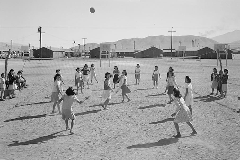 Ansel Adams, "Manzanar, CA, 1943" (1943). Sports clubs were massively popular in camps―80 baseball teams (https://research.archives.gov/id/538065?q=Dorothea%20Lange%20Manzanar%20baseball) formed in this camp’s first three months. A way to take one’s mind of things, such groups also imparted a sense of normalcy and fun. As on the outside, men’s sports were given greater legitimacy, but female incarcerees held their own in softball, basketball and volleyball, a game of which is shown (photograph by Ansel Adams, courtesy of the Library of Congress, Prints & Photographs Division [reproduction no. LC-DIG-ppprs-00166]) 