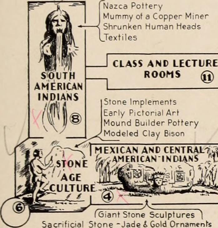 1911 map of the American Museum of Natural History indicating "mummy of a copper miner" and "shrunken human heads" in the "South American Indians" gallery (via Internet Archive Book Images)
