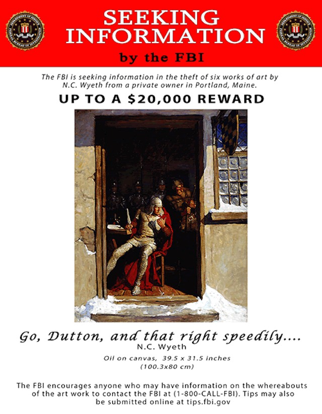 Reward for N.C. Wyeth's “Go Dutton, and that Right Speedily” (1916) (Image courtesy of the FBI) 