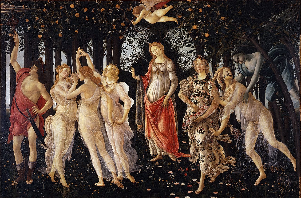 Sandro Botticelli, "Primavera" (1482), tempera (via Uffizi Gallery/Wikimedia)