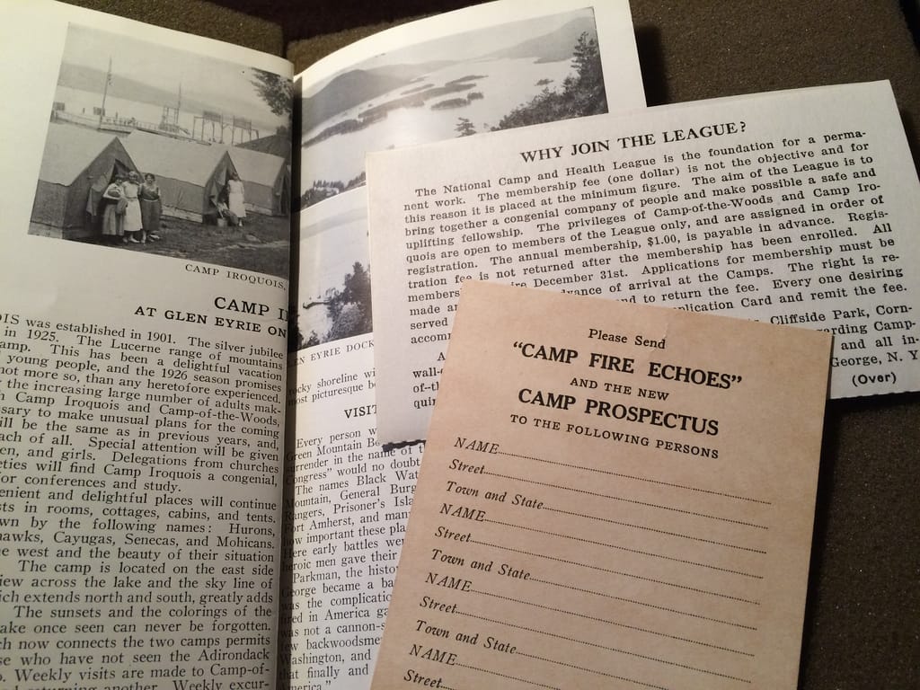 Camp-of-the-Woods, on Lake Pleasant in the Adirondack Park and Camp Iroquois, Glen Eyrie, on Lake George, N.Y. (1925) (photo by the author for Hyperallergic)