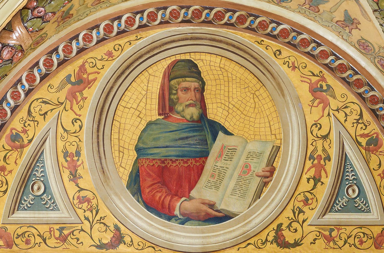 Portrait of William Caxton painted by ￼H. Siddons Mowbray on a ceiling ￼roundel in the Morgan Library (© ￼The Morgan Library & Museum, photo by Graham S. Haber)