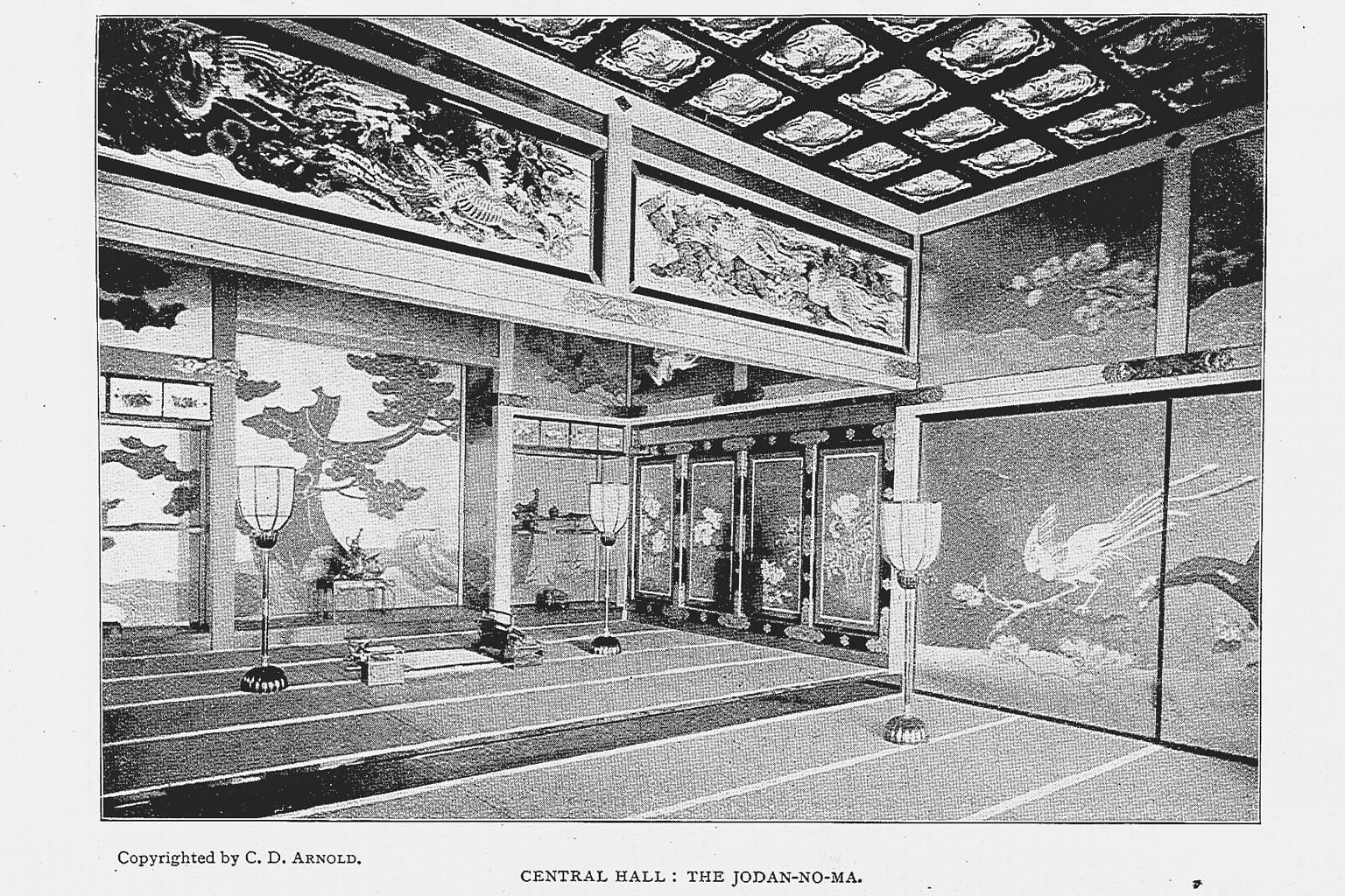 Room from the Central Hall of the Ho-o-Den, featuring shoji and a view of the found door paintings (photo digitized by National Diet Library) 