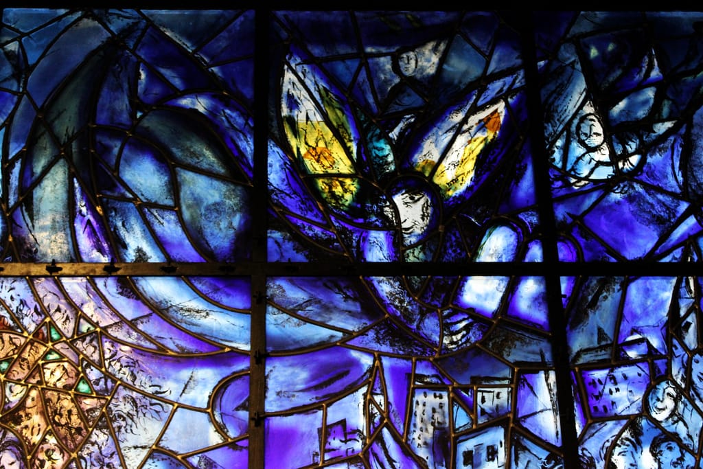 Detail of the Marc Chagall stained glass at the United Nations (photo by Mitchell_Center, via Flickr)